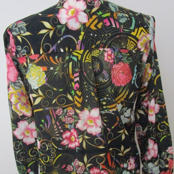 Vivid Floral Black Top Blouse Poly Keystone Bohemian - Picture 9 of 11